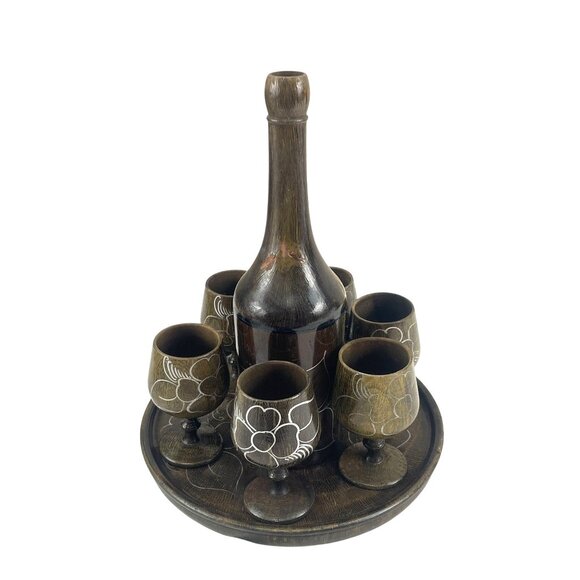 Handcrafted Wooden MCM Hand Turned Decanter Set With 6 Floral Etched Goblets & R - Picture 2 of 12